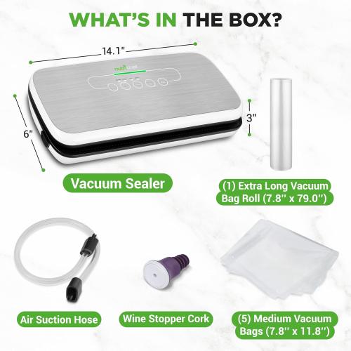 NutriChef Food Vacuum Sealer Machine - Automatic Air Sealing System for Dry & Moist Foods, LED Touch Controls, Includes Vacuum Bags, Hose & Wine Stopper, High Suction Power, 14x6x3, Silver