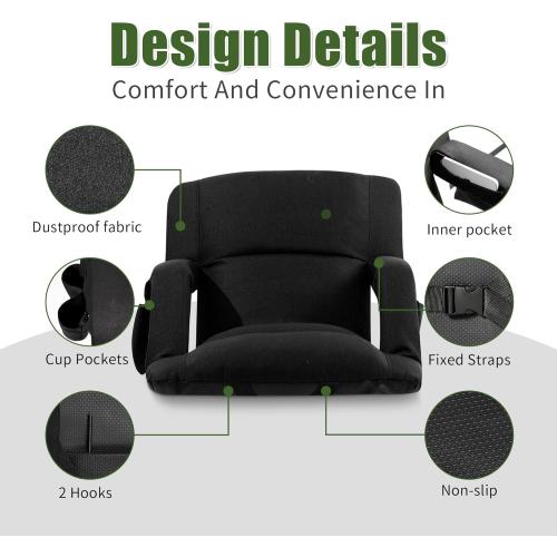 Extra Wide Bleacher Chairs with Back and Cushion Folding Stadium Chairs, Sofa Style Design ，6 Reclining Positions Waterproof Bleacher Seats (Black, Wide-26in)