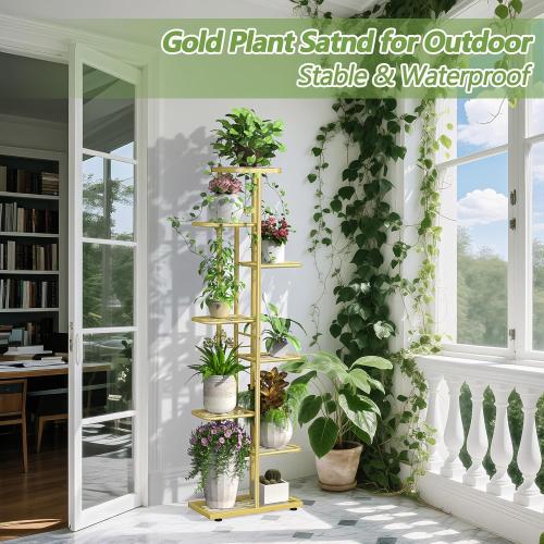 Gold 8 Tier 9 Potted Gold Plant Stand Indoor with Gardening Tools and Gloves, Tall Metal Corner Plant Shelf Organizer Outdoor, Multiple Flower Pot Holder Display Rack for Patio, Garden, Balcony