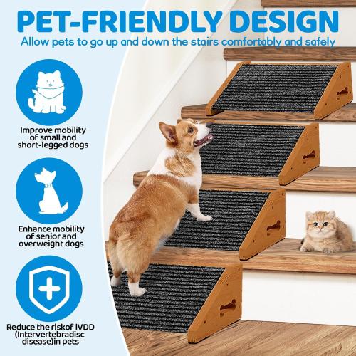Extra Wide Dog Ramps for Stairs, Wooden Pet Ramp Stairs for Small Medium Dogs, Non-Slip Dog Pet Steps for Any Staircase, Stair Ramp for Injured Dogs with Anti-Slip Strip, 4 Pack