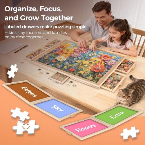 ALL4JIG 1500 Pieces Rotating Puzzle Board with 6 Drawers and Cover,24.92x33.58Portable Wooden Jigsaw Puzzle Table for Adults,Lazy Susan Spinning Puzzle Boards Birthday Gift for mom