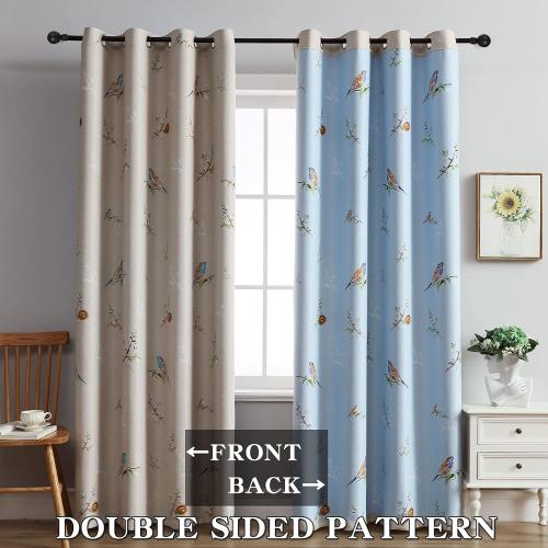 Double Sided Patterned Birds Blackout Curtains for Bedroom 84 Inches Long 2 Panels Thermal Insulated Farmhouse Taupe Window Drapes for Living Room
