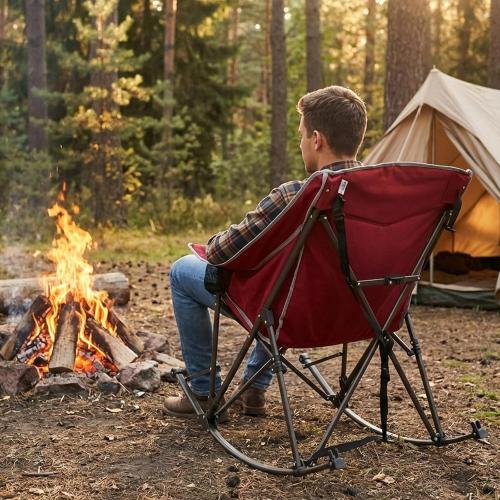 SUNNYFEEL Oversized Folding Rocking Camping Chair Fully Padded Patio Chair Red Portable Outdoor Rocker High Back Portable Lawn Recliner with Side Pocket Camp Rocker Chairs Heavy Duty 500 LBS