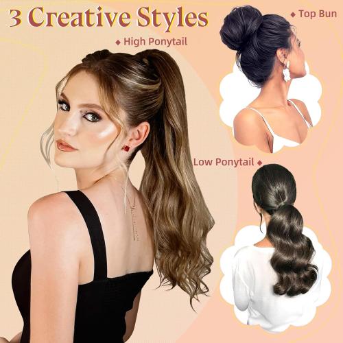 FELENDY 18 Ponytail Extension Curly Wavy Clip in Hairpiece Wrap Around Long Pony Tails Hair Extensions Synthetic for Women Ash Blonde Mix Light Brown