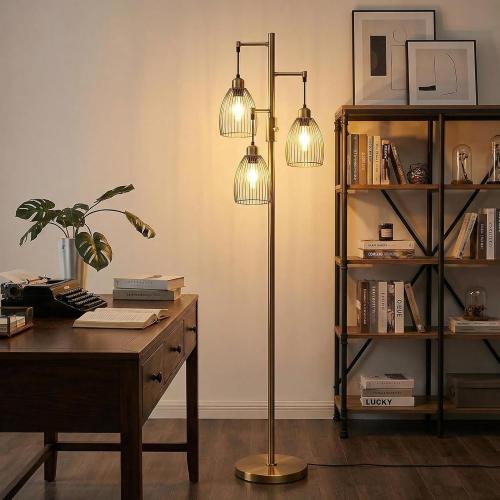 Dimmable Floor Lamp, Industrial Floor Lamps for Living Room, Antique Brass Tree Lamp Standing Lamp Tall Lamps with 3 Elegant Teardrop Cage Head & 800 Lumens LED Bulbs for Living Room Bedroom Office