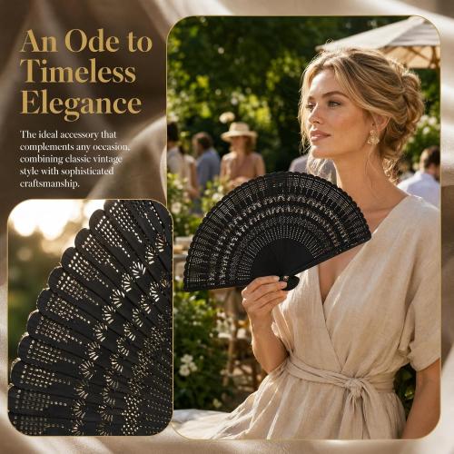 SEWACC Silk Folding Fan Hand Held Wood Hand Fan Chinese Japanese Vintage with Tassels for Women Ladies Home Decoration Black