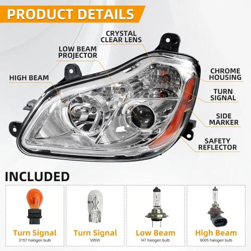 Pair Headlights Assembly for Kenworth T680 2013-2021 | Halogen Headlamp Chrome IP68 Waterproof Anti-Fog Left Driver & Right Passenger Head lights DOT Approved