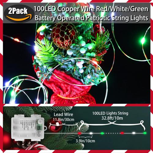 Yayfazy Christmas Lights Indoor Battery Operated, Red White Green Mini Copper Fairy Lights, 2PACK Total 200LED 65.6Ft 8 Mode Lights for Bedroom, Christmas Tree, Table