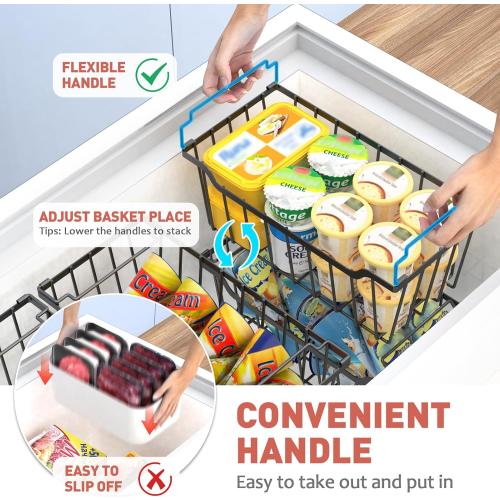Goovilla Freezer Organizer Bins with Foldable Handle, 4 Pack Stackable Freezer Baskets for 3.5-7 Cu.FT Deep Chest Freezer Organization, Coated Metal Freezer Storage Bins with Better Space Utilization