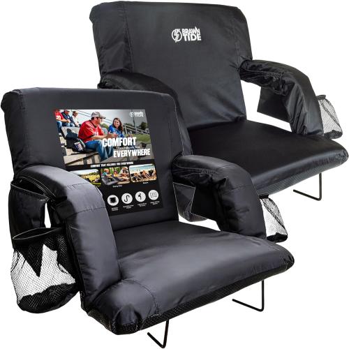 BRAWNTIDE Stadium Seat for Bleachers with Back Support - Wide Padded Reclining Bleacher Seat, Portable Folding Stadium Chair with Armrests, Hooks, Straps, Cup Holders & Pockets (Black, 21, 2 Pack)