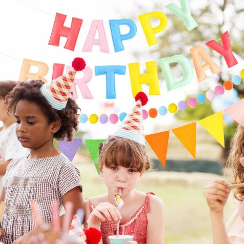 CANREVEL Pre-Strung 3D Happy Birthday Banner, 3 PCS Happy Birthday Felt Garland, Pom Pom Garland, Triangle Fabric Garland Bunting, Reusable Birthday Decorations for Women Men Girls Boys, Pastel
