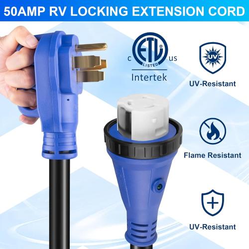 50 Amp RV Extension Cord 25 ft 250V Heavy Duty STW 6/3 8/1 Gauge Pure Copper RV Power Cord, Twist Lock ETL Listed NEMA 14-50P to SS2-50R Cable with Power Indicator& Polarity Lamp
