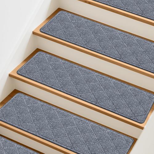 Stair Treads Non-Slip for Wooden Steps, 15Pack - 8 x 30 Edging Stair Runner Indoor for Kids Elders & Pets, Washable Carpet Stair Treads with Peel & Stick Reusable TPE Backing, Grey