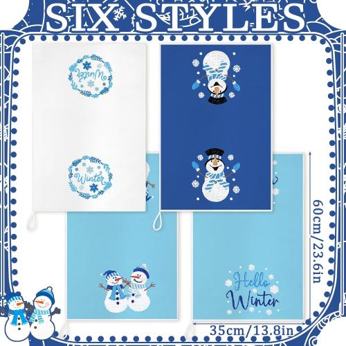 Geyoga 6 Pcs Winter Hand Towels Snowman Embroidered Blue Rustic Bathroom Towels for Winter Bathroom Kitchen Farmhouse Decor Gifts, 13.8 x 23.6 Inch