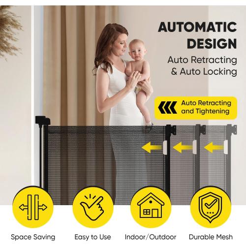 Retractable Baby Gate – 35 Tall, 55 Wide Mesh Safety Gate for Dogs & Babies, Indoor/Outdoor Use for Stairs, Doorways, Hallways, Deck & Porch – Easy One-Handed Wall Mount Design