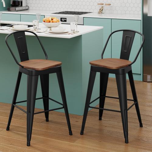 Aklaus Swivel Metal Bar Stools 26 inch Swivel Counter Height Barstools Set of 2 Modern Farmhouse Bar Chairs with High Backs and Large Wooden Seat for Kitchen Island Dining Room Matte Black