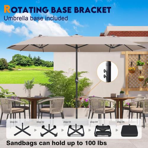15ft Patio Umbrella with Base,Large Outdoor Double-Sided Rectangle Umbrella with Crank Handle, Market Umbrella for Poolside Garden Deck Backyard Beach Pools, Beige