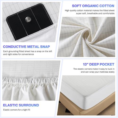 Grounding Sheets King Size, Grounded Fitted Bed Sheet 10% Pure Silver Fiber   90% Organic Cotton Bed Grounding Kit with grounding Cord for Improved Sleep & Wellness (White,King- 80x78x15)