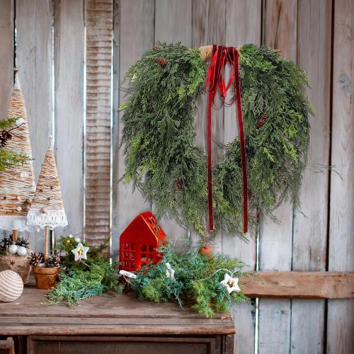 Dingion Small Norfolk Pine Christmas Wreath 11.8 in Christmas Kitchen Cabinet Norfolk Pine Wreath Mini for Front Door Artificial Farmhouse Rustic Xmas Decor for Window Fireplace