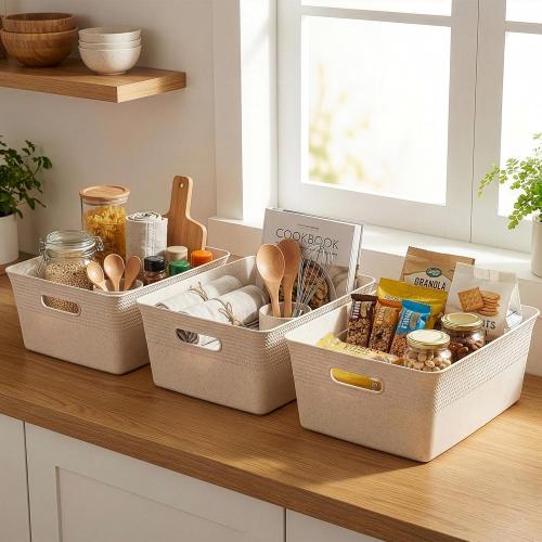 BINO | Plastic Storage Bins, 13 Liter - 3 Pack, Natural | THE BRAIDED COLLECTION | Plastic Bins for Organization | Woven Storage Baskets for Organizing | Pantry Shelf Organizer Basket Container Bin