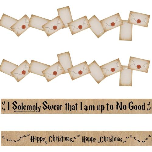 2 Set 62''x 4'' Christmas Tree Burlap Ribbon Garland, Wizard Burlap Ribbon Tree Decoration with 2 String Letter Cards, Xmas Rustic Burlaps Ribbons Decor for Christmas Hanging Home DIY Craft