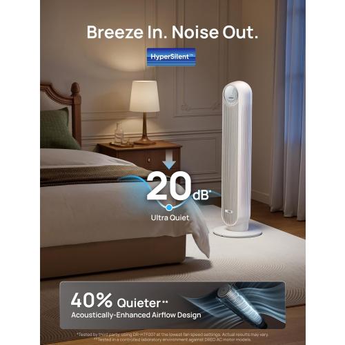 DREO Tower Fan for Bedroom, 2026 Upgraded DC Motor, 28ft/s High Velocity, 20dB Ultra Quiet Standing Fan, 8 Speeds 4 Modes, 90° Oscillating Bladeless Fan for Indoors, Floor Fans with Remote, White