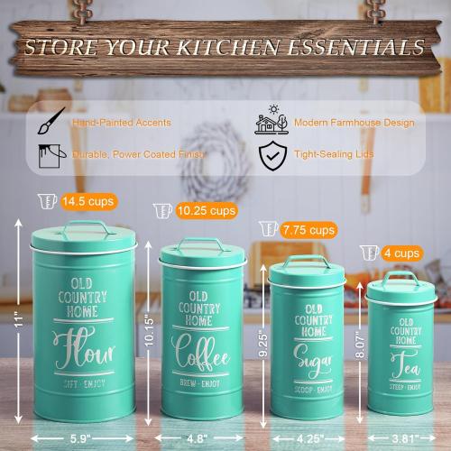 Teal Canisters for Kitchen Counter, Airtight Kitchen Canisters for Countertop, Flour and Sugar Containers, Tea Coffee Sugar Canister Set, Turquoise Kitchen Decor and Accessories, Set of 4