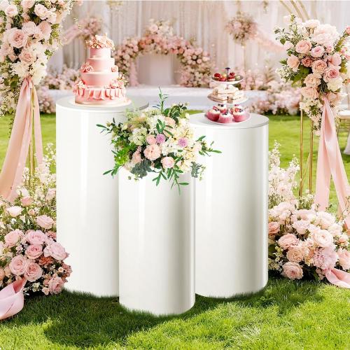 3Pcs Cylinder Stands for Party Round Pedestal Stand with Spandex Covers & Weighted Base - for Birthday Wedding Party Outdoor Indoor Decor (White)