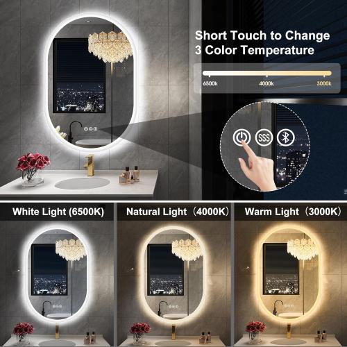 S'bagno 24x36 Oval LED Bathroom Mirror with Lights, Anti-Fog, Bluetooth Speaker, 3 Colors Temperature & Dimmable, Lighted Mirrors for Bathroom Wall with Memory Function, Waterproof, Shatter-Proof