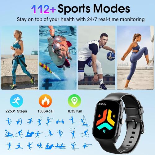 Smart Watch for Men Women, 1.95HD Smartwatch (Dial/Answer Calls), Heart Rate/Sleep Monitor Fitness Smartwatch, Curved Screen Watches, 112  Sports Modes Activity Trackers,IP68 Waterproof, Black
