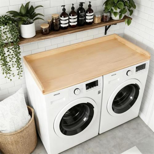 Laundry Room Washer and Dryer Countertop for Organization, 27.5 W x 54 L Solid Pine Wood Washer Dryer Countertop, Laundry Machine Topper with Edge Rails and Non-Slip Pads
