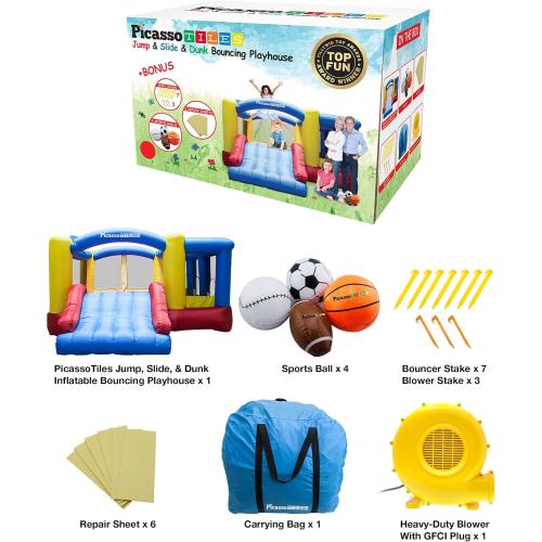 [Upgrade Version] PicassoTiles KC102 12x10 Foot Inflatable Bouncer Jumping Bouncing House, Jump Slide, Dunk Playhouse w/Basketball Rim, 4 Sports Balls, Full-Size Entry, 580W ETL Certified Blower‼️light dirt‼️