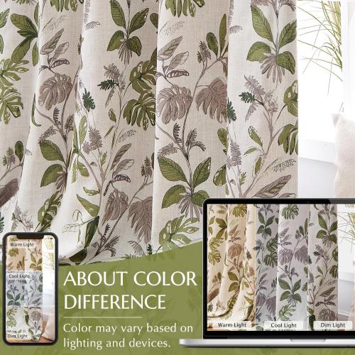 jinchan 100% Blackout Curtains for Bedroom 96 Inches Length Linen Curtains Tropical Green Leaf Print Botanical Window Treatment with Lining for Living Room Farmhouse Country Drapes Set 2 Panels