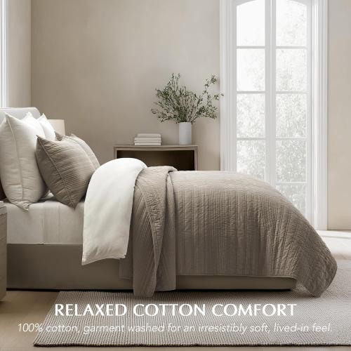 EVERGRACEHOME 100% Cotton Modern Lines Quilt Set King Size, Pre-Washed Soft Striped Coverlet Bedspread, 3 Piece Lightweight Bedding Set for All Season, with 2 Pillow Shams, Stone Taupe