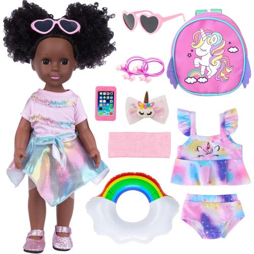 Black Dolls and Black Baby Doll Accessories - 14.5 Inch Silicone African Baby Doll with Clothes Unicorn Theme Doll Swimsuits Best Gift for Girls Kids