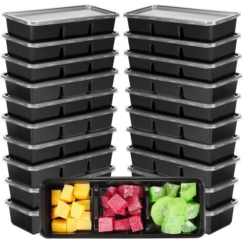 Hushee 10 Pack 17 oz Small Meal Prep Containers with 3 Compartments Snack Containers with Lid Disposable Plastic Bento Box Travel Lunch Food Boxes Stackable for Office Picnic (Black)