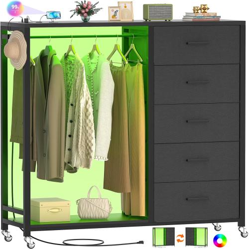 Cyclysio Dresser with Hanging Rack, 5 Fabric Drawers Dresser with Clothes Rack, Wooden Top Storage Chest of Drawers with Charging Station & LED Lights, Lockable Wheels, Closet