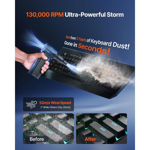 Compressed Air Duster, 130,000RPM Ultra-Powerful Cordless Electric Air Duster with 8000mAh Rechargeable Battery, 4-Gear Adjustable Air Blower for Keyboard, Computer, Car, Home Cleaning