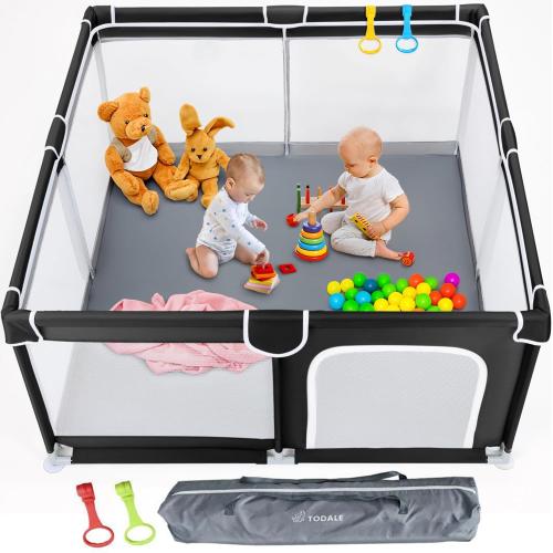 TODALE Baby Playpen for Toddler, Large Baby Playard, Indoor & Outdoor Kids Activity Center with Anti-Slip Base, Sturdy Safety Play Yard with Soft Breathable Mesh, Playpen for Babies(Black,50”×50”)