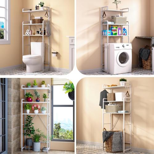 Huhote Over The Toilet Storage Rack with 3-Tier Bathroom Shelves, Space Saver Toilet Shelf, Bathroom Storage Organizer with Hooks for Over Toilet Storage and Shelf (White)