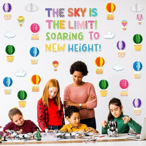 Crtiin 3D Hot Air Balloon Honeycomb Bulletin Board Set for School Classroom Decoration, Balloon Artcraft Cutouts with Honeycomb for Back to School Kindergarten Decor The Sky Is The Limit (Cute)
