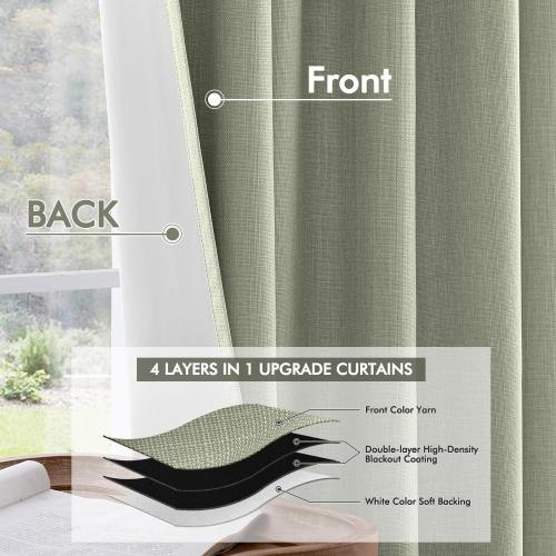 MIULEE 100% Blackout Back Tab Pleat Linen Curtains 50 Wx90 L,Sage Green