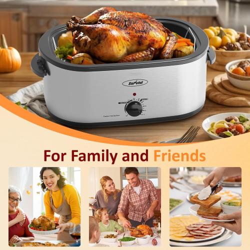 Sunvivi Electric Roaster,28 Quart Roasting Oven with Self-Basting Lid Removable Pan,Turkey Roaster Oven with 150 to 450F Temperature Control Cool-Touch Handles, Sliver. No warranty