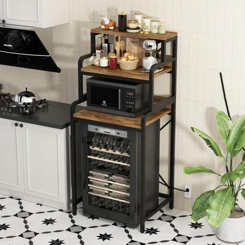 Size 4- Tier Mini Fridge Stand Shelf with Power Outlet, Double-Purpose Rack, Mini Fridge & Microwave Oven Stand Table, Bar Cabinet, Free Standing Shelf for Office, Kitchen, Home.