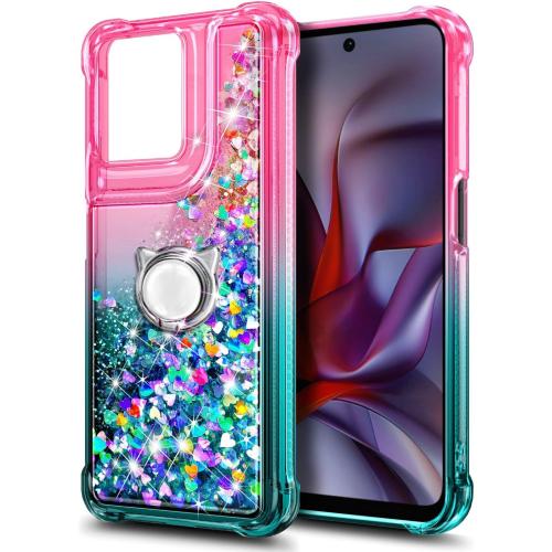 Missing - strap    Compatible with Motorola Edge-2025 Case Pink/Aqua | Bling Sparkly Glitter Floating Liquid Waterfall Cute Phone Cover for Women Girls Kids with Ring Holder Grip Missing - Diamond Wrist Strap Lanyard