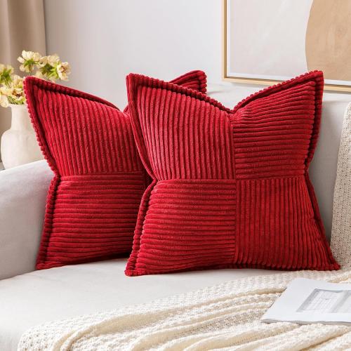 MIULEE Decorative Throw Pillow Covers for Couch Bed Livingroom 18x18 Inch Set of 2 Red Boho Accent Throw Pllows Broadside Striped Patchwork Soft Corduroy Pillowcases