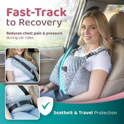 Zomaple Mastectomy Recovery Pillow with Strap, Swirly Gel Pack, Seat Belt Cover & Shower Lanyard – Post-Op Essentials, Breast Augmentation/Reduction & Recovery Supplies – Washable Cover for Comfort