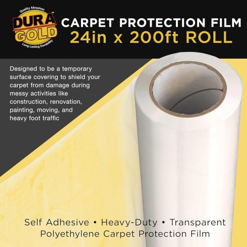 Dura-Gold Carpet Protection Film, 24-inch x 200-foot Roll, Clear Plastic Carpet Protector, Self-Adhesive Plastic for Temporary Stair, Rug, and Floor Protection