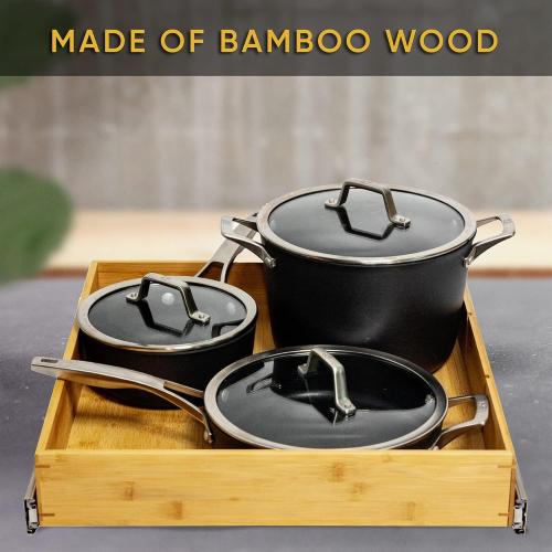 Pull Out Cabinet Drawer Organizer, Sliding Bamboo Wood Storage Rack Organization, Gliding Cupboard Shelf for Kitchen, Pantry, Slide Out Spice Rack Container Lid Organizer with Dividers, 20.5''W x