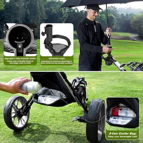 360 Golf Pull Cart: Lightweight Folding Swivel 3 Wheels Golf Caddy with Foot Brake, Cooler Bag, Drink& Umbrella Holder